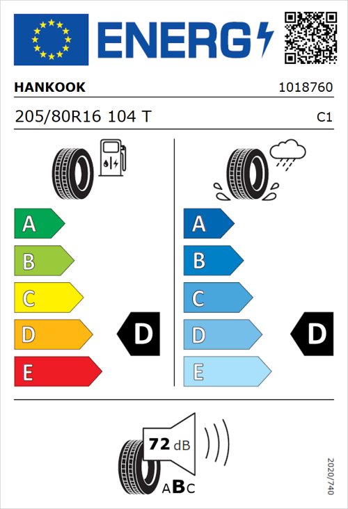 Tyre Label for Hankook Dynapro ATM RF10 205/80R16 104T