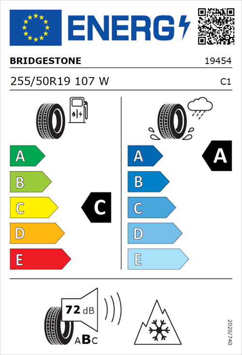 Tyre Label for Bridgestone Weather Control A005 EVO 255/50R19 107W