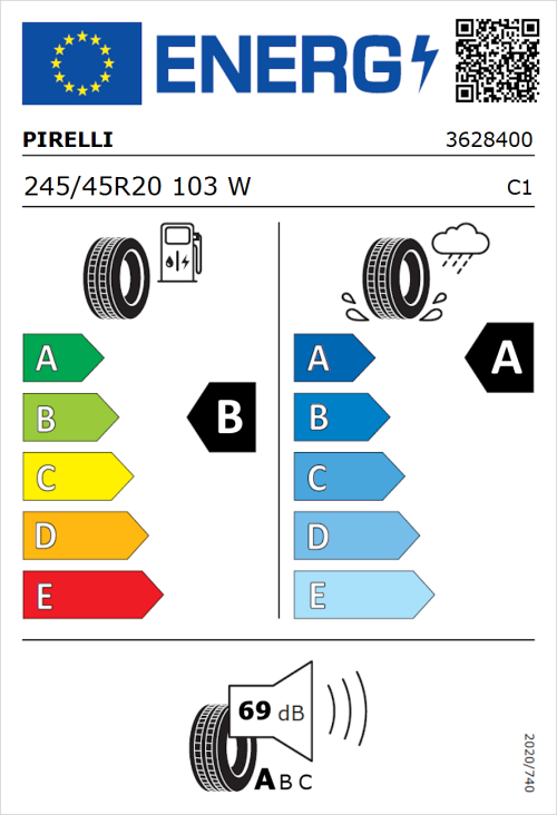 Tyre Label for Pirelli P Zero (PZ4) Luxury 245/45R20 103W