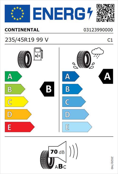 Tyre Label for Continental UltraContact 235/45R19 99V