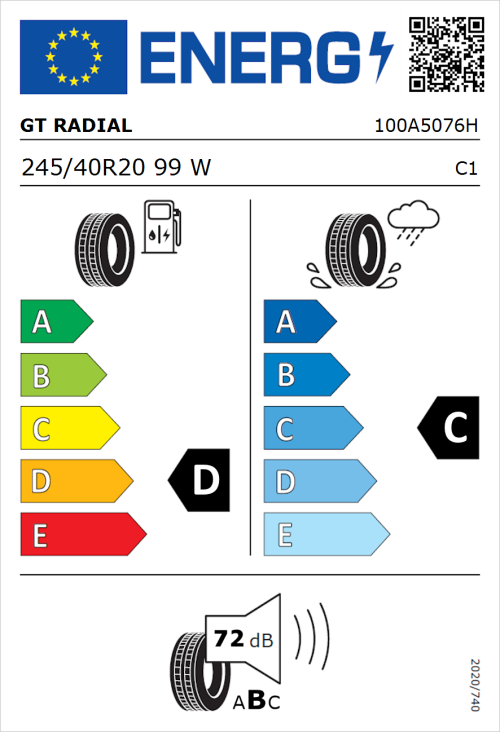 Tyre Label for GT Radial Savero WT 245/40R20 99W