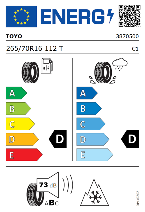 Tyre Label for Toyo Open Country ATIII 265/70R16 112T