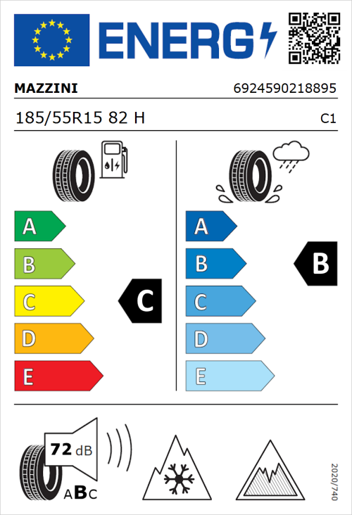 Tyre Label for Mazzini Versat-AS8 185/55R15 82H