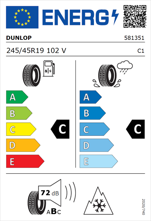 Tyre Label for Dunlop SP Winter Sport 5 245/45R19 102V