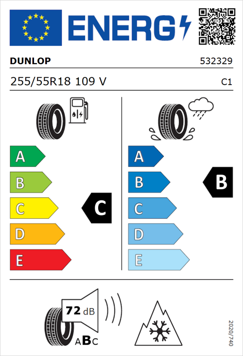 Tyre Label for Dunlop SP Winter Sport 5 SUV 255/55R18 109V