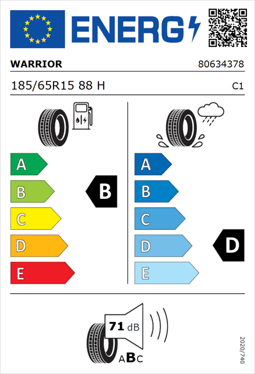 Tyre Label for Warrior Eco-Max 185/65R15 88H